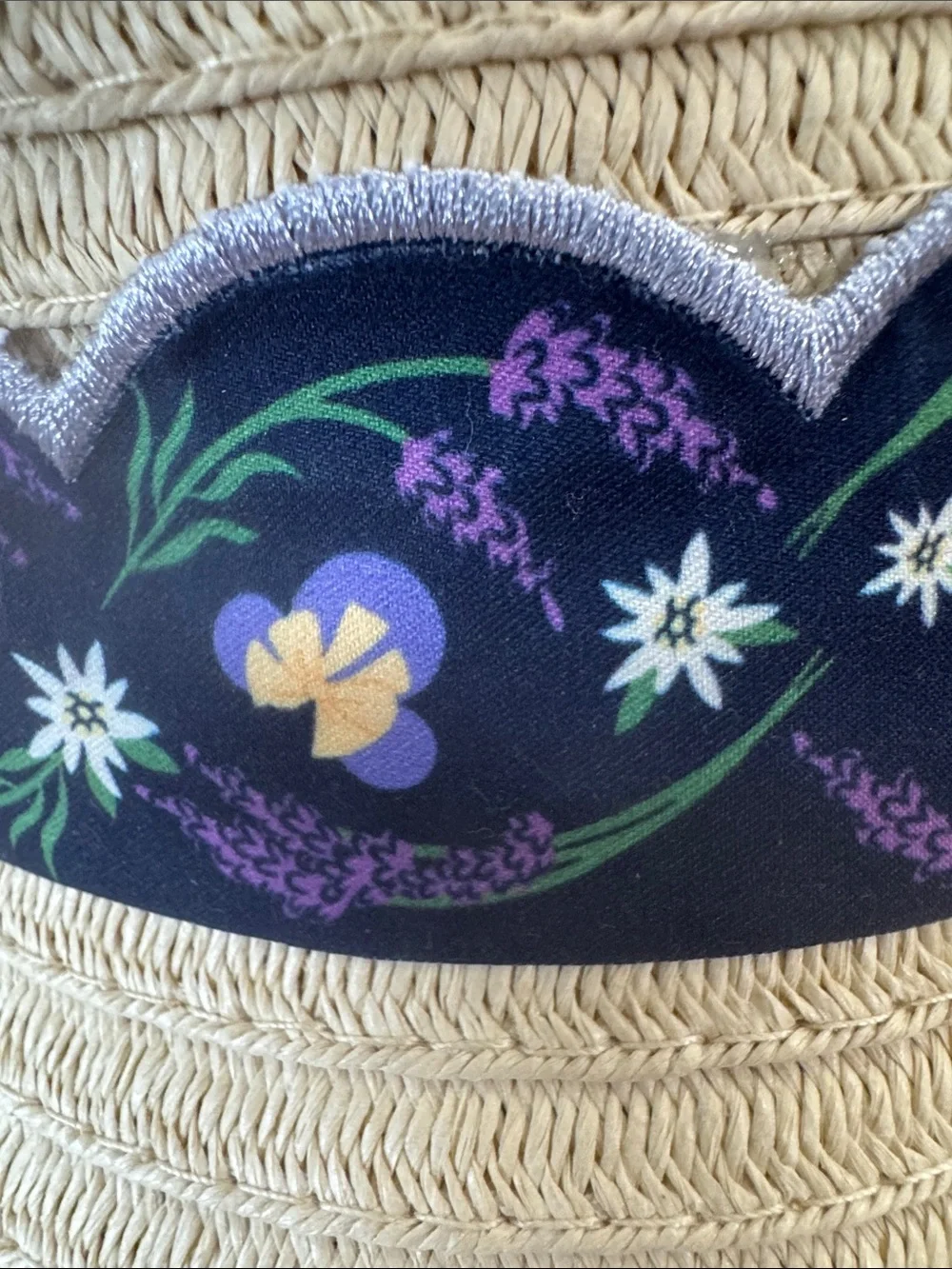 Disney Natural Straw Bucket Hat with Purple Floral Band. NWT